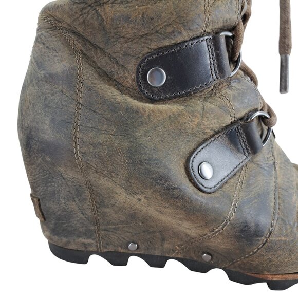 Sorel Joan of Arctic Brown Leather Internal Wedge Boots Size 9 Distressed - Picture 15 of 16